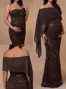 Brown Off-Shoulder Maternity Dress: Low Elasticity Floral Embroidered Mermaid Long Dress With Shawl, Suitable For Weddings, Banquets And Cocktail Parties - Coffee Brown - View 1