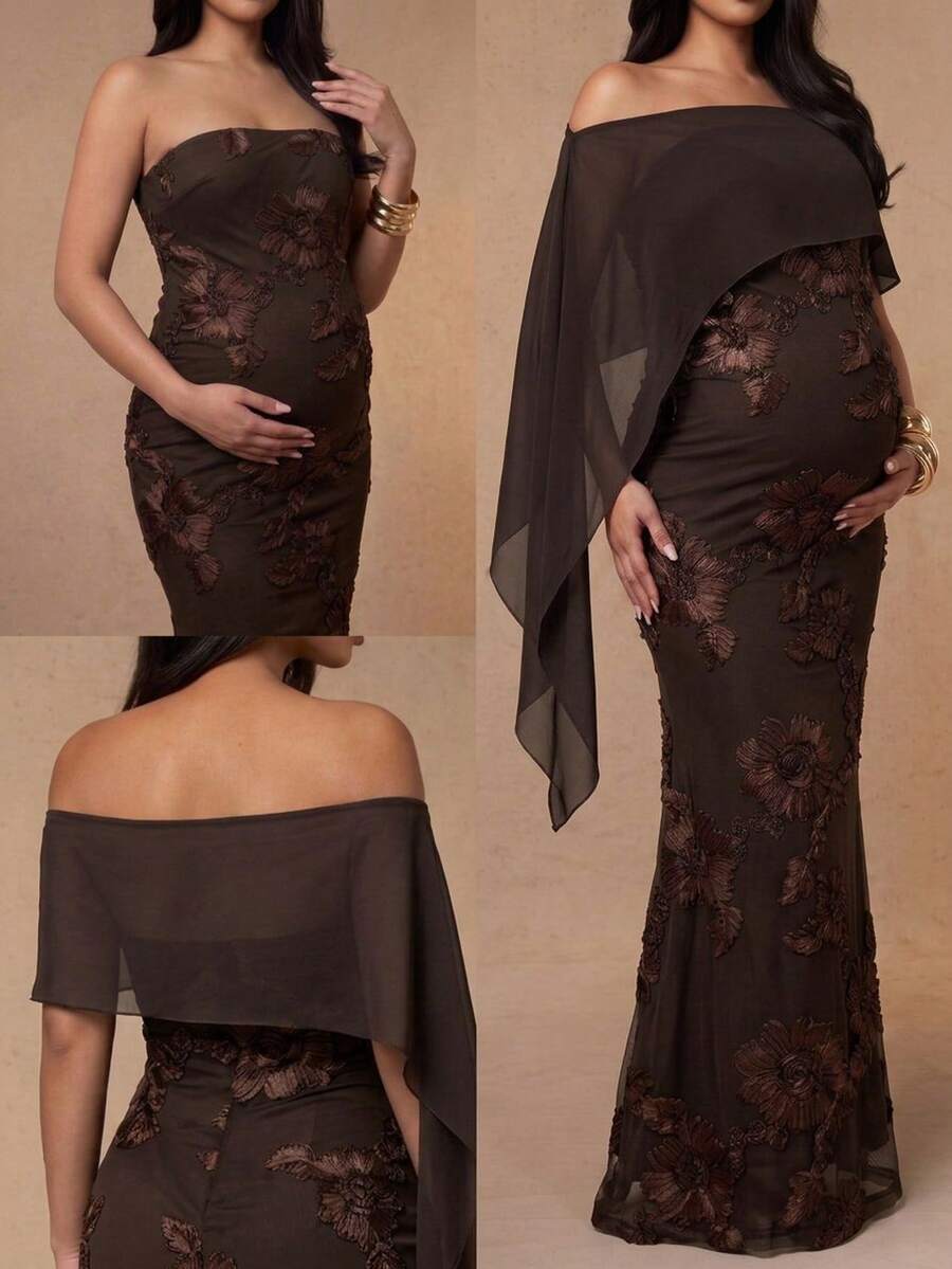 Brown Off-Shoulder Maternity Dress: Low Elasticity Floral Embroidered Mermaid Long Dress With Shawl, Suitable For Weddings, Banquets And Cocktail Parties - Coffee Brown - View 1