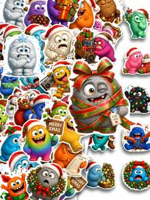 50Pcs PP Christmas Monster Stickers, Plush Cartoon Texture, Fun Patterns Of Little Monsters Wearing Santa Hats And Scarves, Holding Gifts, Paired With Christmas Trees And Fairy Lights, For Laptop, Locker, Photo Album, Guitar, E-Bike Shell Decor - Multicolor - View 9