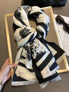 1件裝黑色花卉圖案女款圍巾 冬季保暖 多功能披肩 雙用途 冷氣房/辦公室披肩 長款加厚護頸保暖巾 - 黑色 - 查看 2