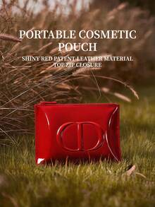Dior Red Patent Leather CD Embossed Makeup Bag Fashion Bright Red Patent Leather Cosmetic Bag, Large Capacity CD Embossed Zipper Makeup Bag, Travel Toiletry Storage Bag Daily Organizer - Red Makeup - View 3