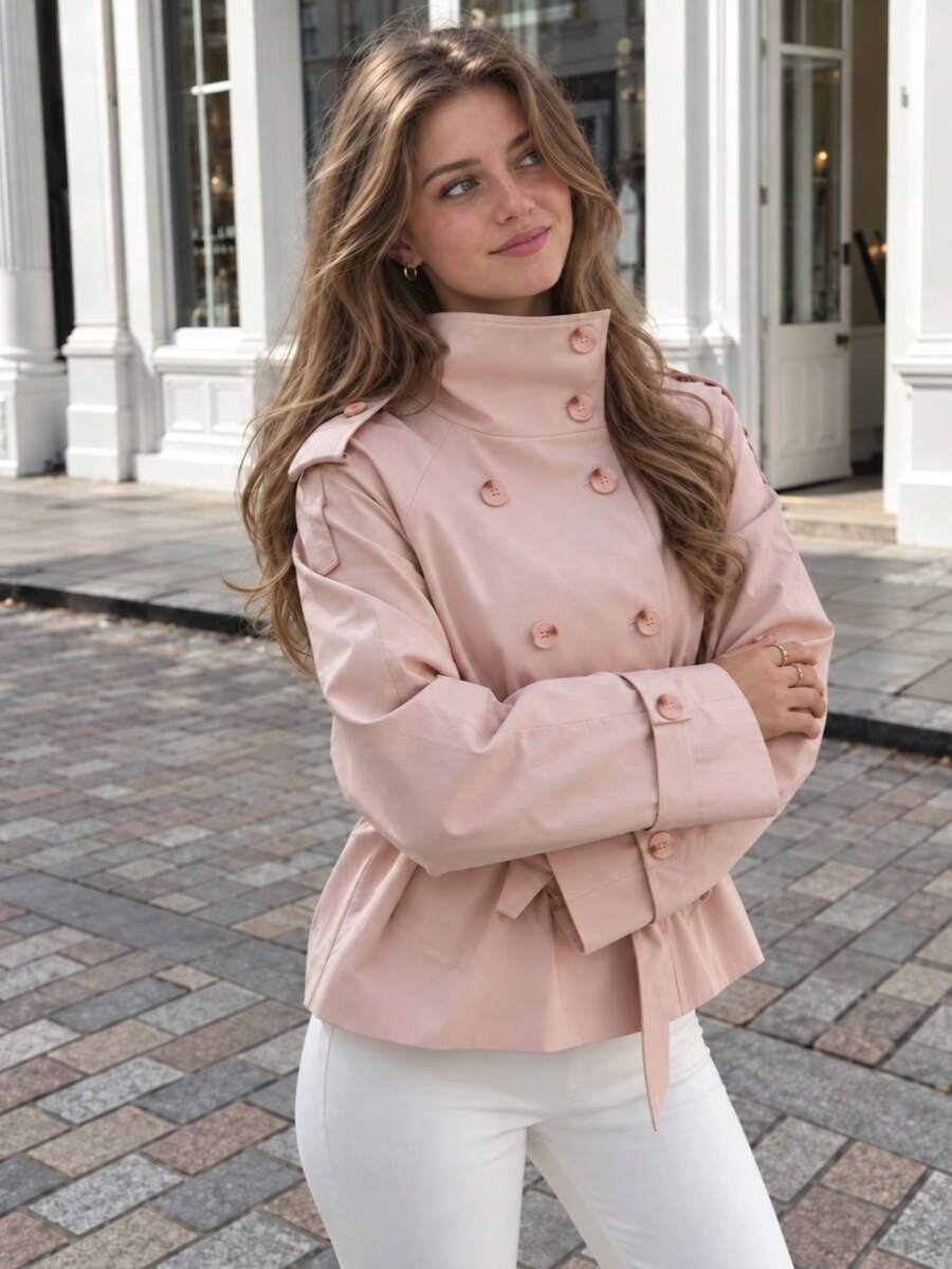 Women's Short Trench Coat, Double-Breasted With Tie Belt And Epaulettes, Suitable For Daily Commute And Vacation - Pink - View 1
