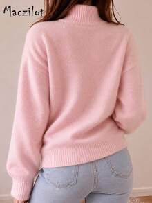 Plus Size Ladies Fall Winter Soft Fuzzy Turtleneck Pullover Top, Loose Knitwear, Slimming Cover Fat For Daily & Commuter Wear - Pink - View 3