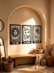 3pcs Tarot Metal Wall Decor, Celestial Tarot Card Wall Decor, Sun Moon Star Vertical Decor, Mysterious Celestial Tarot Wall Decor, Home Decor, Scene Decor, Theme Party Decor - Black - View 4