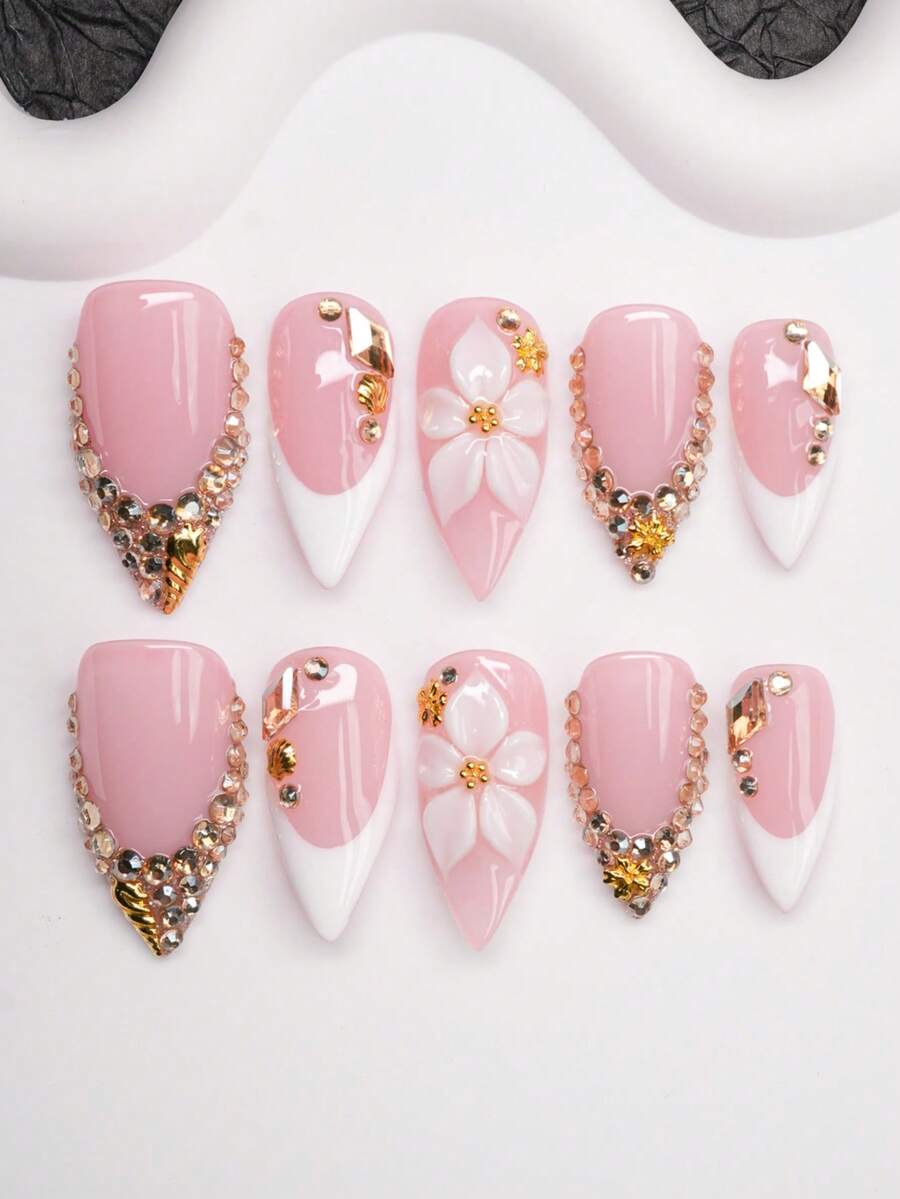 Autumn/Winter Handmade Wearable Nails, Y2K Hot Girl Style, Nude And White Nail Tips With French Edge, Carving, Rhinestones, Conch And Shell Elements Design, Pure Handmade Wearable Nails, Suitable For Women And Girls, Shiny Nail Tips, 10 Pieces/3 Sizes, Suitable For Party, Dance, Daily Wear, Includes Tool Kit, Can Be Given As A Gift To Women And Girls. - Multicolor - View 1