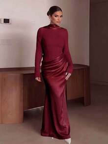Vestido de fiesta formal de boda elegante de unicolor con volantes, cuello alto y mangas largas - Burdeos - Ver 1