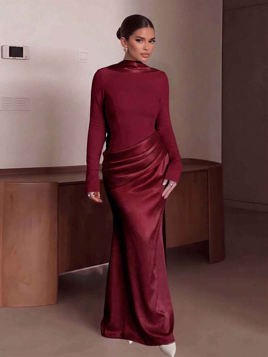 Vestido de fiesta formal de boda elegante de unicolor con volantes, cuello alto y mangas largas - Burdeos - Ver 1