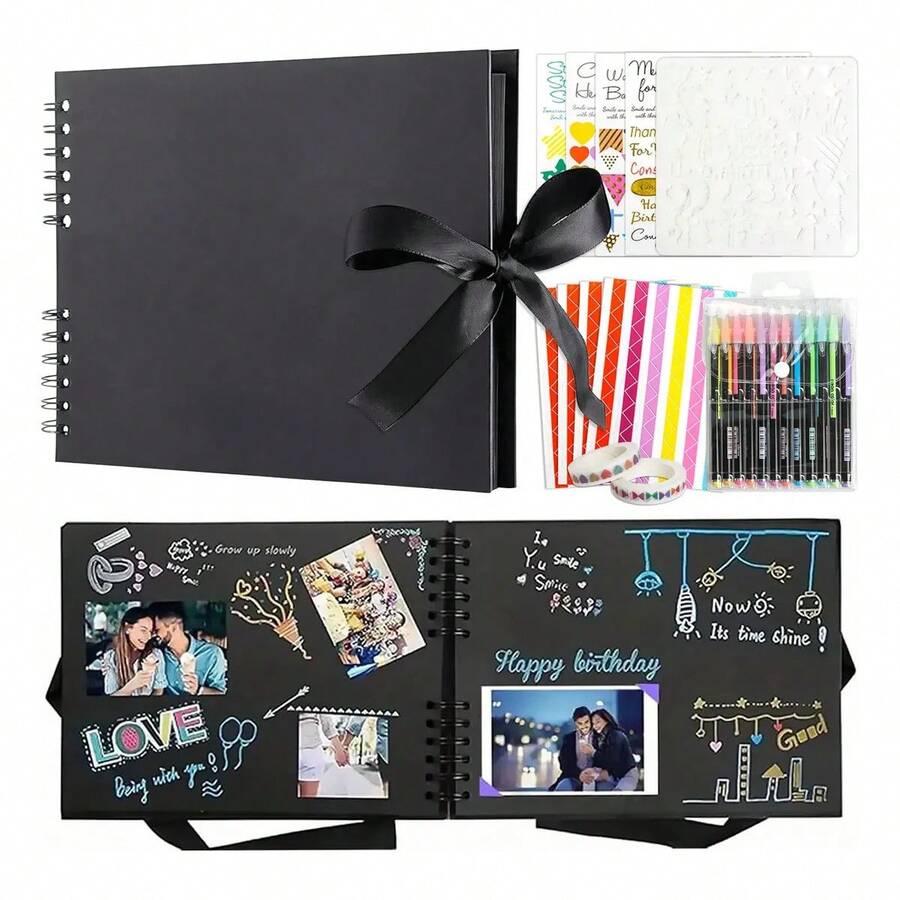 Álbum Fotos De Recortes Familiar 80 Páginas Para Manualidades Hecho Mano Uno Diy Accesorios Completos Materiales de Alta Calidad Adecuado para viajes, bodas, Navidad y otros recuerdos 28.5x21cm Rosa - Negro - Ver 1