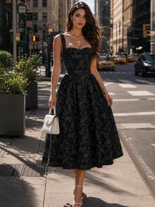DONICY Women's Black Floral Ruffle Hem Dress, Square Neck Mid-Length Wide Strap Dress, Sweet Romantic Summer Vacation Dress - Black - View 1