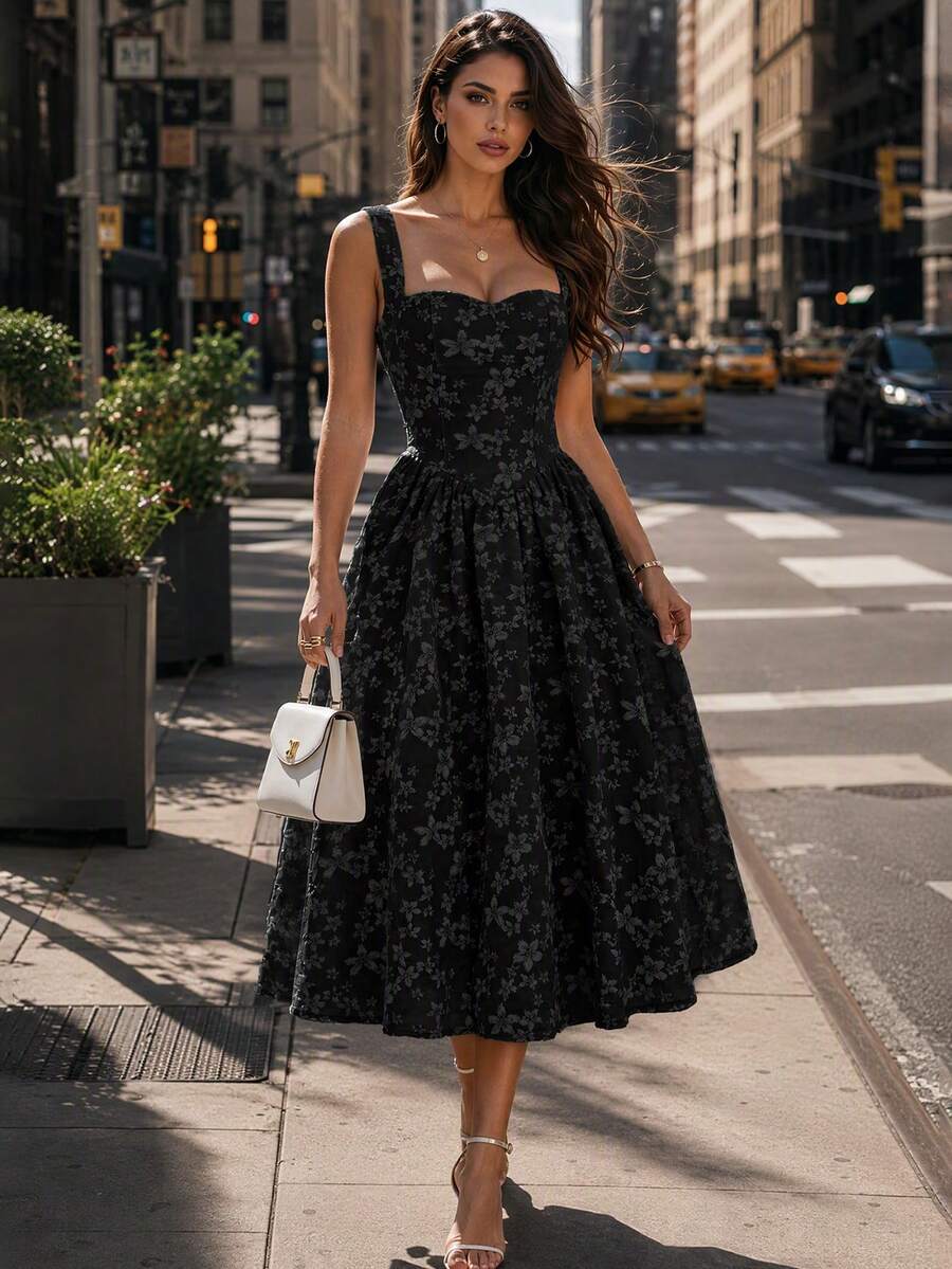 DONICY Women's Black Floral Ruffle Hem Dress, Square Neck Mid-Length Wide Strap Dress, Sweet Romantic Summer Vacation Dress - Black - View 1