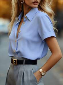 DONICY Women's Blue Short Sleeve Shirt, Satin Texture, Lapel Gold Buttons, Office Daily Casual Versatile Style Shirt - Blue - View 5