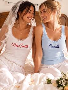 Personalized Embroidered Lace Tank Top,Customized Embroidered Modal Tank Top, Bridal Camisole, Bridesmaid Gifts, Bachelorette Party Top - Multicolor - View 3