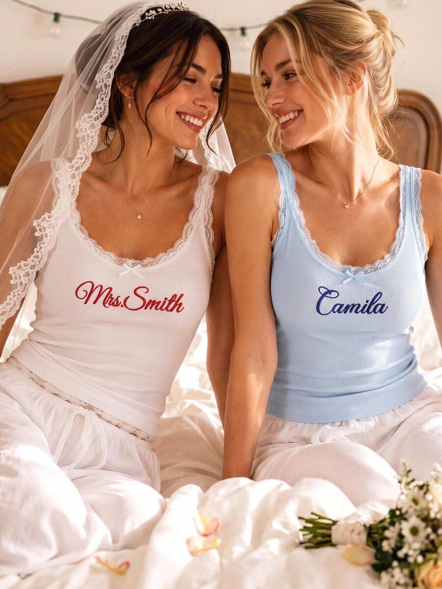 Personalized Embroidered Lace Tank Top,Customized Embroidered Modal Tank Top, Bridal Camisole, Bridesmaid Gifts, Bachelorette Party Top - Multicolor - View 1