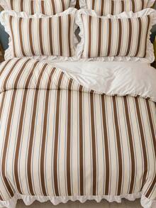 Joivida 2/3pcs Ruffle Duvet Cover Set, Dorm Bedding, Brown Striped Bedding Set, Cozy Room Decor, Skin-Friendly Breathable, Ultra-Soft Anti-Pilling, No Duvet Insert, Suitable For Single/Double/Queen/King Size Bed, All Season, Machine Washable, Back To School - Multicolor - View 4