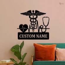 1pc Personalized Doctor Medical Sign - Customized Name/Title, Stethoscope And Heart Design Metal Plaque, Medical Office Wall Decor With Stethoscope And ECG Heartbeat Metal Wall Decoration, Home Decor - Black - View 4