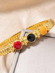 Letingsha 2pcs Luxury Vintage Textured Colorful Enamel Gold-Plated Bracelet & Ring Set, Suitable For Women's Daily Wear, Wedding, Party And Holiday Gift - Multicolor - View 9