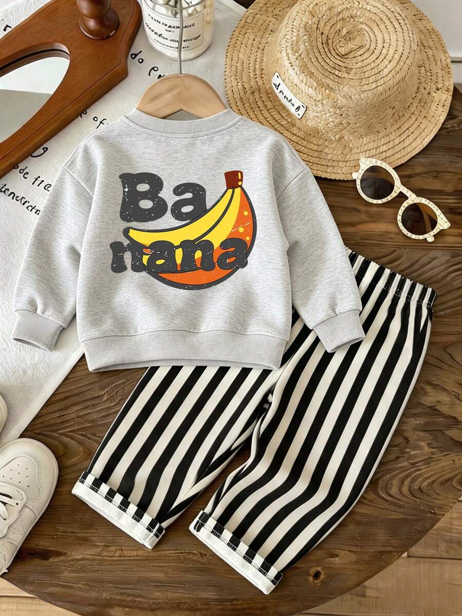 2pcs Cute Fruit Baby Boy Outfit Set, Distressed Banana Print Sweatshirt & Checkerboard Full Length Wide Leg Pants, Soft Warm Autumn Daily Wear - Light Grey - View 1