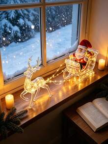 1pc Glowing Santa Claus Reindeer Sleigh Decoration, Christmas LED Table Lamp, 8 Modes Remote Control, Christmas Holiday Home Decor, Festival Window Sill Fireplace Desktop Ornament, Creative Christmas Gift - USB Christmas Reindeer Pull Cart Light - View 3