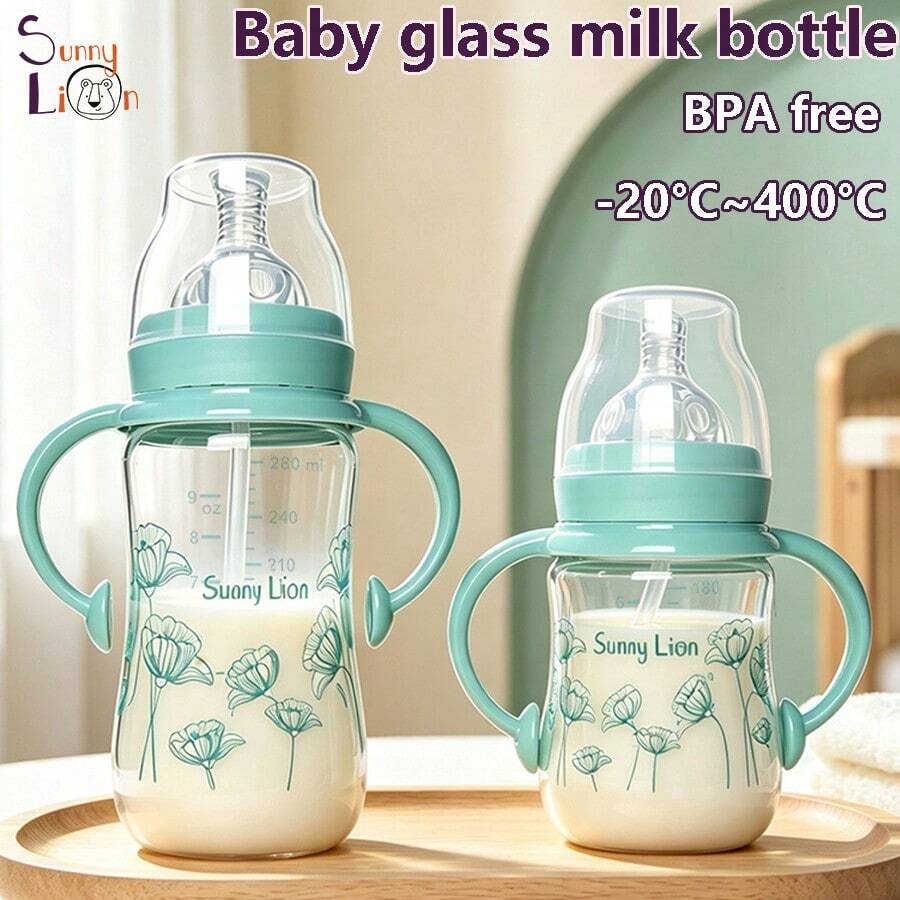 1pc/2pcs Glass Baby Milk Bottle 180ml/280ml 5cm Mouth Diameter High Temperature Sterilizable With Handle And Straw Suitable For Multiple Stages Of Baby Daily Use