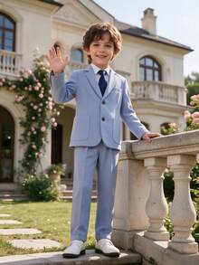 Tween Boys Handsome Fashion Gentleman Suit Set, 1 Jacket + 1 Pants + 1 Tie, Suitable For Wedding, Flower Boy, Performance, Christmas Party, Banquet And Other Formal Occasions - Baby Blue - View 3