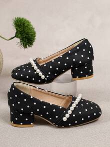 Shu Rui Fashion Pearl Embellished Girls' High-Heeled Shoes, Polka Dot Print Small Square-Toe Slip-On Shoes, Daily And Banquet Princess Shoes - Black - View 3
