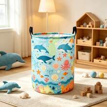 1PC Cute Ocean Marine Life Print Storage Basket With Handles, Cartoon Whale Octopus Seashell Starfish Pattern Laundry Hamper For Clothes And Sundries, Multi‑Purpose Storage For Clothes Sundries, Home Decor & Room Decor - Multicolor - View 3