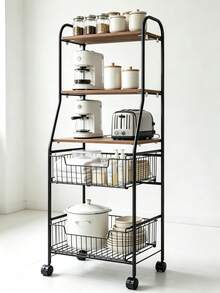 4-Tier Rolling Storage Cart, Wood Grain Shelves & Wire Baskets, Mobile Organizer Rack, Kitchen Storage, Wire Basket Cart, Easy Assembly, Space Saving, Durable, Bathroom Storage Shelf - View 1