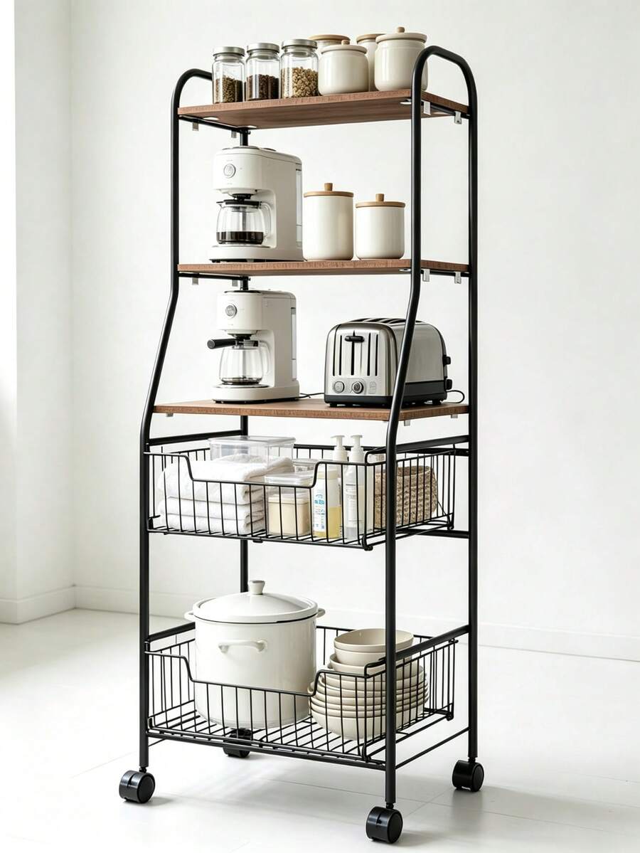 4-Tier Rolling Storage Cart, Wood Grain Shelves & Wire Baskets, Mobile Organizer Rack, Kitchen Storage, Wire Basket Cart, Easy Assembly, Space Saving, Durable, Bathroom Storage Shelf - View 1