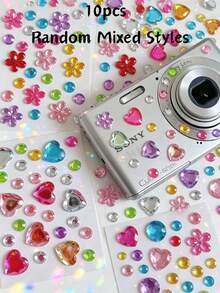 5pcs/10pcs Colorful Heart & Flower Rhinestone Stickers, 3D Crystal Glitter Decals For Phone Case, Camera, Earbuds, Laptop Decoration - Colorful Diamond Style - View 13