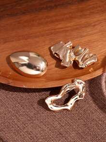 3件組金色幾何不對稱百褶鏤空水滴鉤針飾品，百搭獨特，適合秋冬大衣與西裝外套 - 金色 - 查看 3