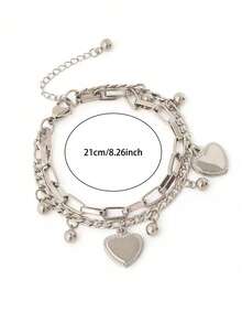 INS Hip-Hop Couple Bracelet, Vintage Double-Layer Heart Design, Minimalist Cold Tone Beaded Chain Wrist Ornament - Multicolor - View 9