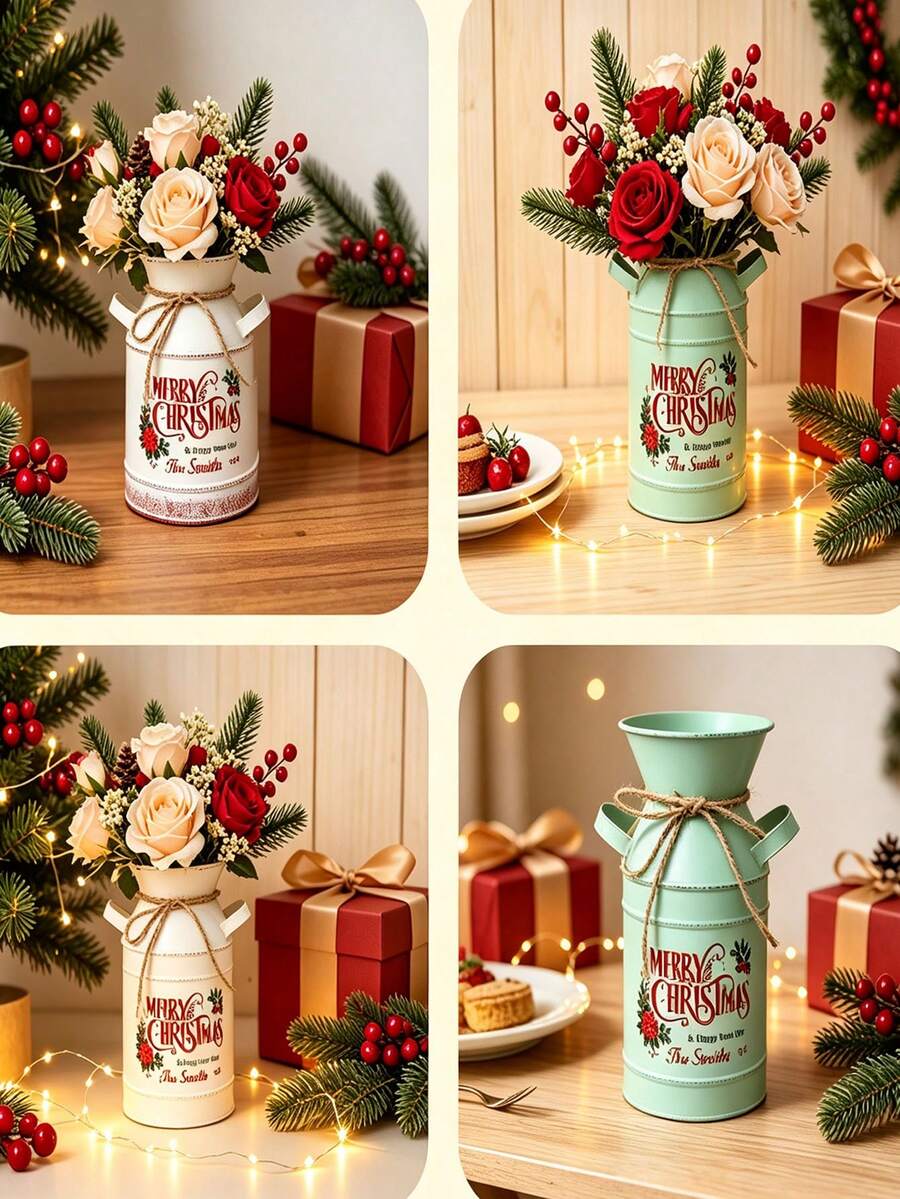 Christmas Vintage Metal Can Vase, Distressed Galvanized Flower Bucket With Rope Handle, Merry Christmas Printed Decorative Water Pitcher, Rustic Farmhouse Style Tabletop Centerpiece, Christmas Floral Arrangement Container, Home Decor - A - View 1