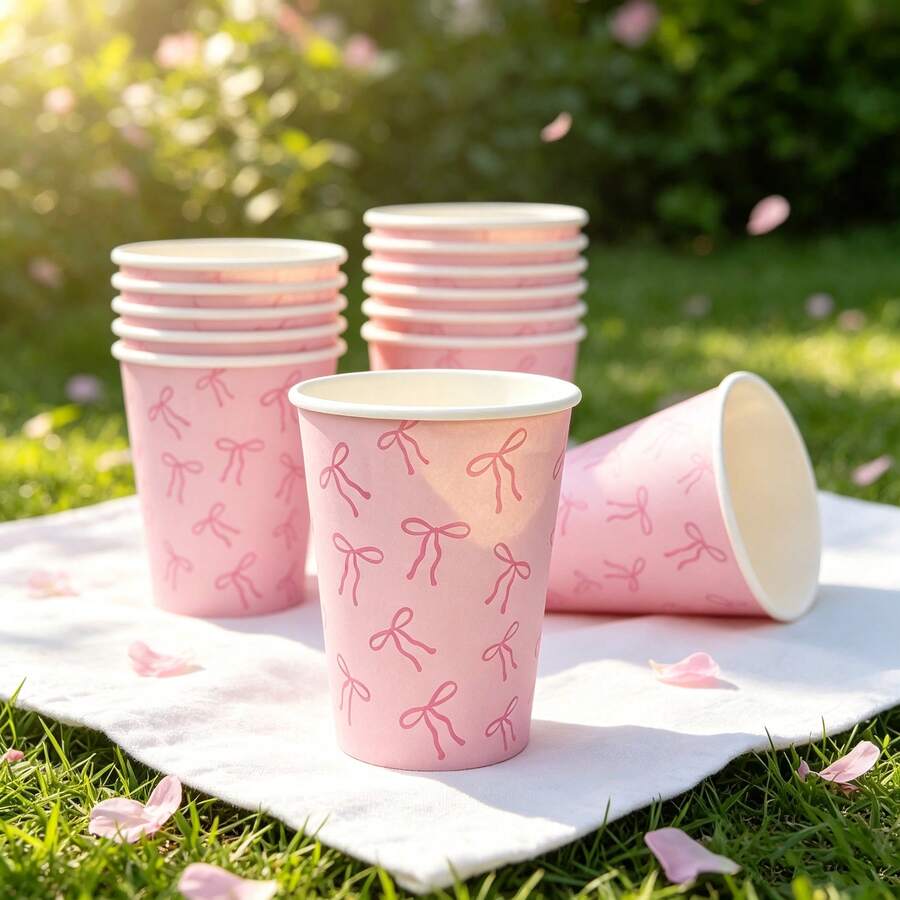 10/25pcs Pink Ribbon Bow Print Disposable Paper Cups, Cute Bowtie Pattern Party Drinking Cups, Tableware For Girl Birthday, Baby Shower, Tea Party, Wedding, Holiday Table Decor Supplies - Multicolor - View 1