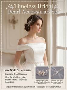 2pcs Set Faux Pearl Floral Hair Comb & Translucent Ribbon Waist Belt, Women's Wedding Bridal Accessories - Multicolor - View 3