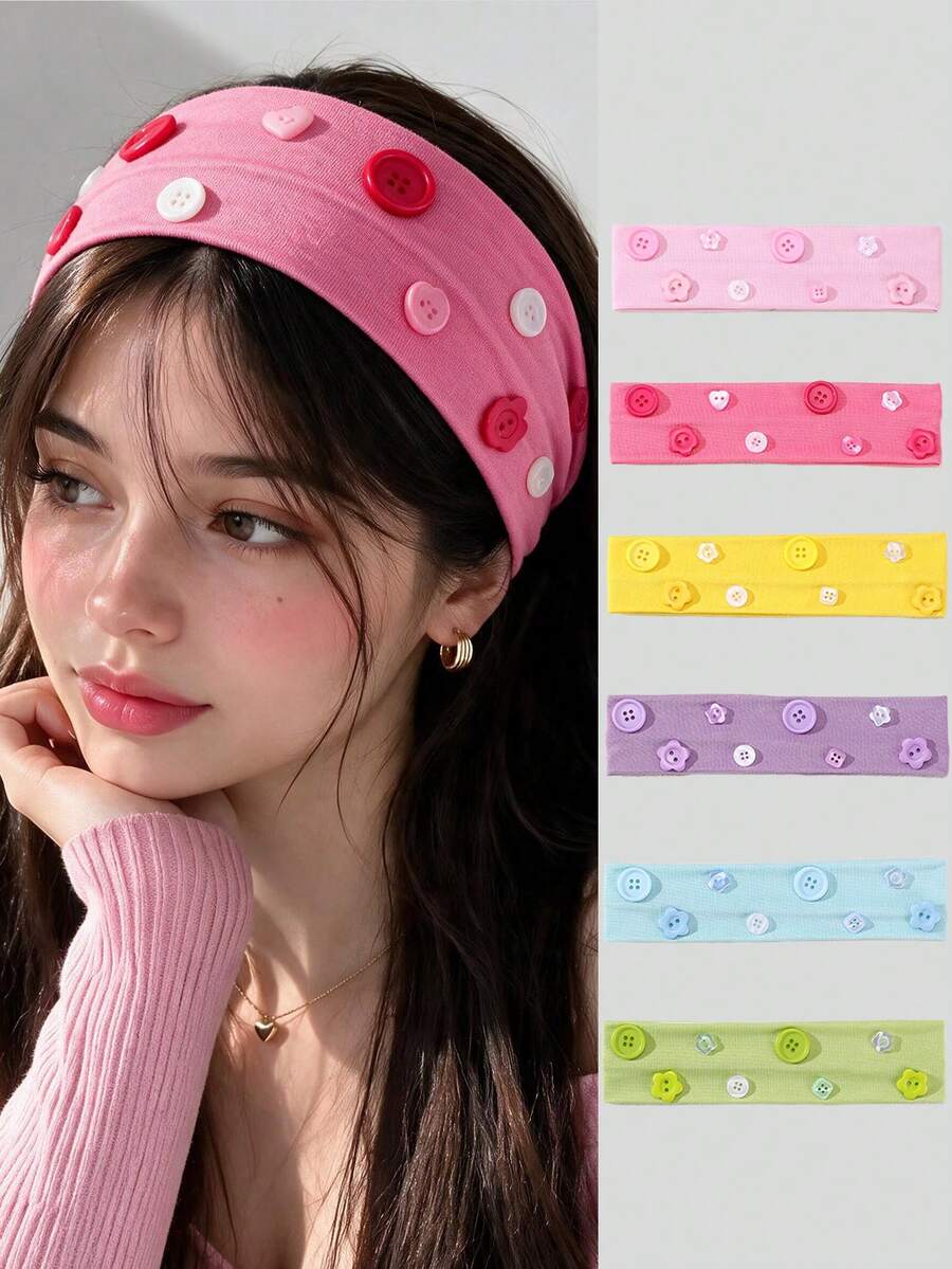 6pcs Women's Elegant Colorful Candy-Colored Button Decor Wide Headbands, Y2K Sweet Cool Style Multi-Styling Mix & Match Button Elastic Fabric Headbands, Suitable For Daily Casual, Gathering, Party Decoration - Multicolor - View 1