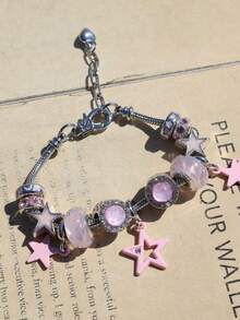 1pc Rose Red Star Charm Bracelet, Party Style Star Bracelet, Y2K Heart Star Bracelet - Pink - View 4