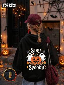Halloween Autumn Winter Girls' Hooded Fleece Sweatshirt With Pumpkin, Ghost, Candy Print And "Stay Spooky" Text, - Black - View 3