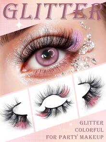 1 Pair Glitter False Eyelashes, Colorful Fluffy Faux Mink Lashes With Sequins, Suitable For Makeup Artists, Cosplay, Halloween Colorful Lash Extensions - Multicolor - View 1