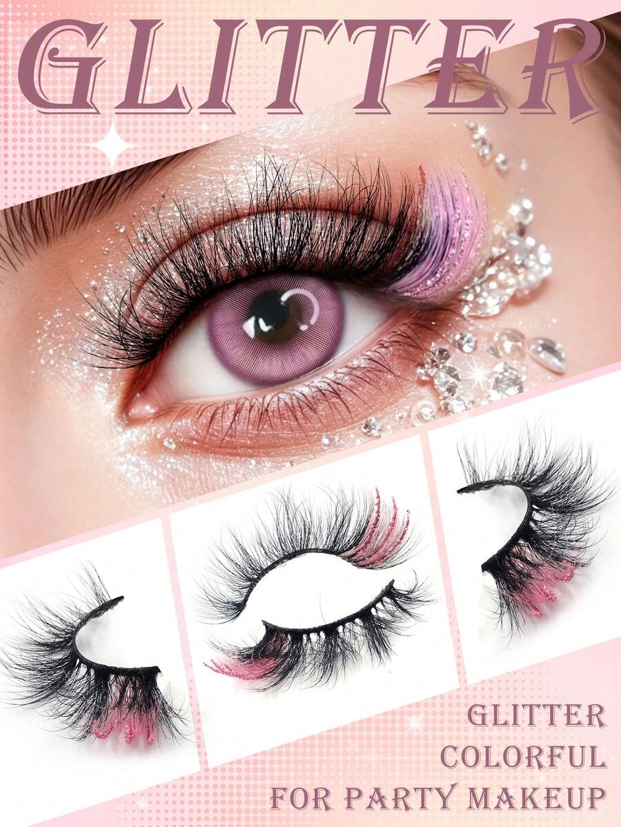 1 Pair Glitter False Eyelashes, Colorful Fluffy Faux Mink Lashes With Sequins, Suitable For Makeup Artists, Cosplay, Halloween Colorful Lash Extensions - Multicolor - View 1