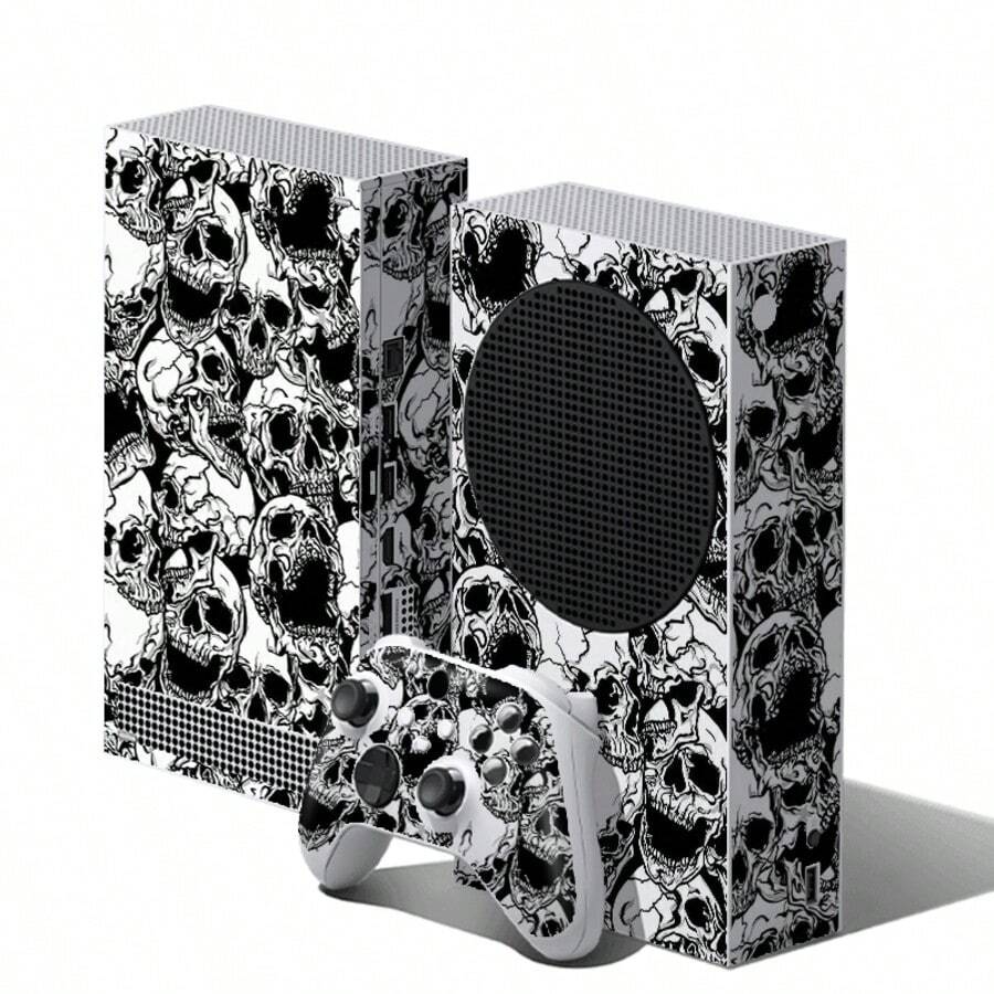 Sticker Set For Xbox Series S, Black And White Hand-Drawn Full Print Skull Pattern, Waterproof Scratch-Resistant Self-Adhesive Vinyl Game Console Skin, Removable No Residue, Full Console + 2 Controller Decorative Film - View 1