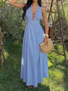 Aflion 女款夏季 Y2K 藍白條紋掛脖露背洋裝，雙綁帶深 V 領飄逸度假與外出洋裝 - 藍色 - 查看 4