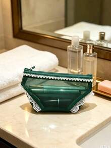 Green Mesh Makeup Bag Set, 1Pc Portable Cosmetic Organizer With Pearl Lace Zipper, Travel Toiletry Pouch For Women, Waterproof Transparent Mesh Beauty Storage Bag For Travel Bathroom - Green - View 3