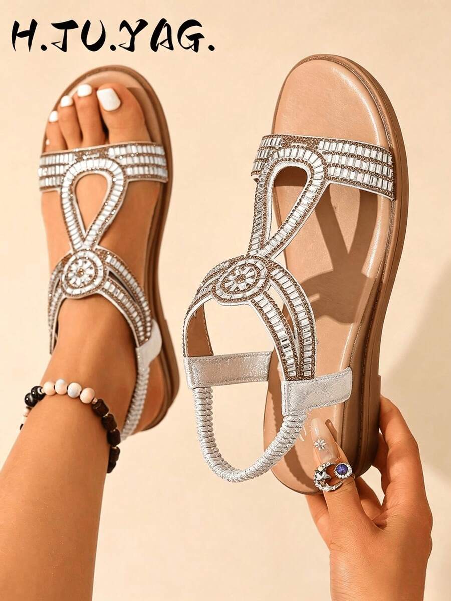Women's Summer New Rhinestone Decorated Casual Comfortable Versatile Solid Color Thick Sole Slippers, Wedge Heels, Sandals
