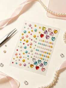 Macaron Colorful Pearl Heart Face Sticker Set With Tweezers, Mixed Color 3D Rhinestone Stickers, Self-Adhesive Eye And Face Makeup Decoration, Suitable For Girls Creative Photography Eye Makeup, Halloween Costume - Multicolor - View 4