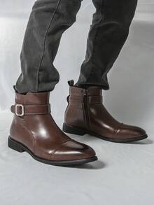 ZCZ Men Cap‑Toe Buckle Ankle Boots, Side Zip Pointed Toe Low Heel Vintage Business Casual Short Boots - Brown - View 4