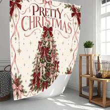 Set Dekorasi Kamar Mandi Natal Motif Pohon Natal Pita 1pc/4pcs Multifungsi, Tirai Kamar Mandi dengan 12 Kait Gratis, Keset Lantai Bentuk U dan Penutup Dudukan Toilet Bulat, Premium, Suasana Meriah, Cocok untuk Semua Dekorasi Ruangan - Pohon Natal dengan Pita - View 2