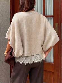 Women's Casual Cute French Elegant Batwing Sleeve Short Sleeve Lace Knit Pullover Sweater Top Fall - Apricot - View 11