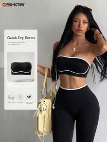 Women's Seamless White Striped Sports Bra And Leggings Set Yoga Leggings Set Strapless Two Pieces Set Workout Set Gym Legging Curve Activewear Set - Black - View 3