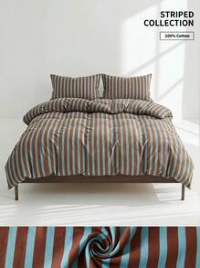 Veyra Day 3pcs Brown And Light Blue Striped Duvet Cover Set, Vintage Vertical Stripe Soft Cotton Breathable Bedding Set With 2 Shams (No Insert) - Blue coffee blue strip cotton - View 1