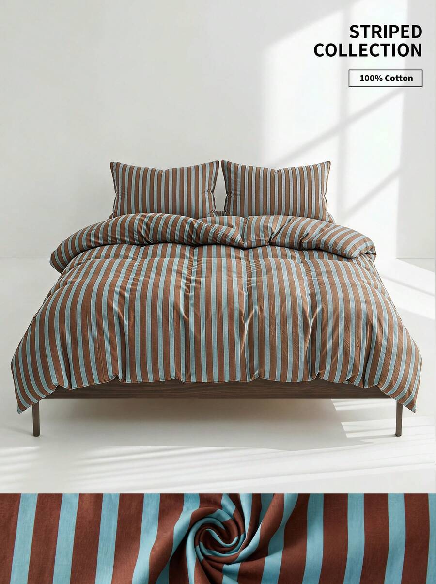 Veyra Day 3pcs Brown And Light Blue Striped Duvet Cover Set, Vintage Vertical Stripe Soft Cotton Breathable Bedding Set With 2 Shams (No Insert) - Blue coffee blue strip cotton - View 1